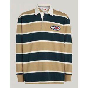 Tommy Jeans Men's Tan and Navy Striped Long-Sleeve Rugby Polo XXXL